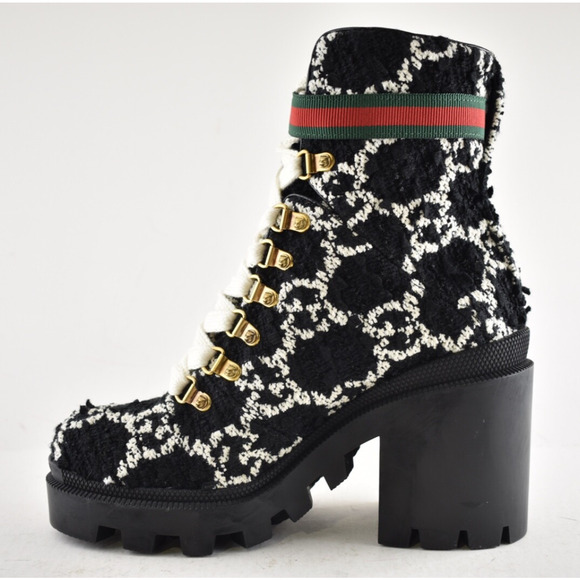 Gucci Black White GG Logo Tweed Lace Up Tie Block Heel Lug Sole Combat Boot 36.5 - Picture 13 of 16